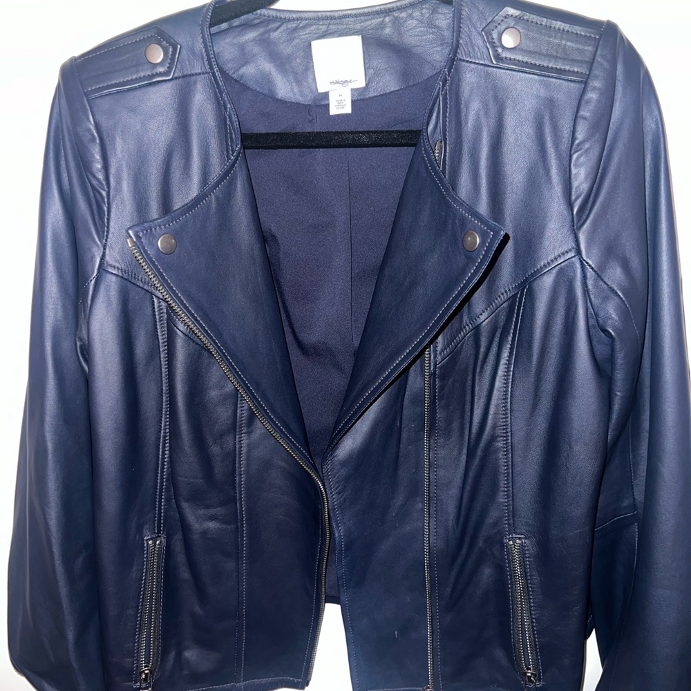 Halogen real leather navy moto jacket. Buttery soft and beautiful!